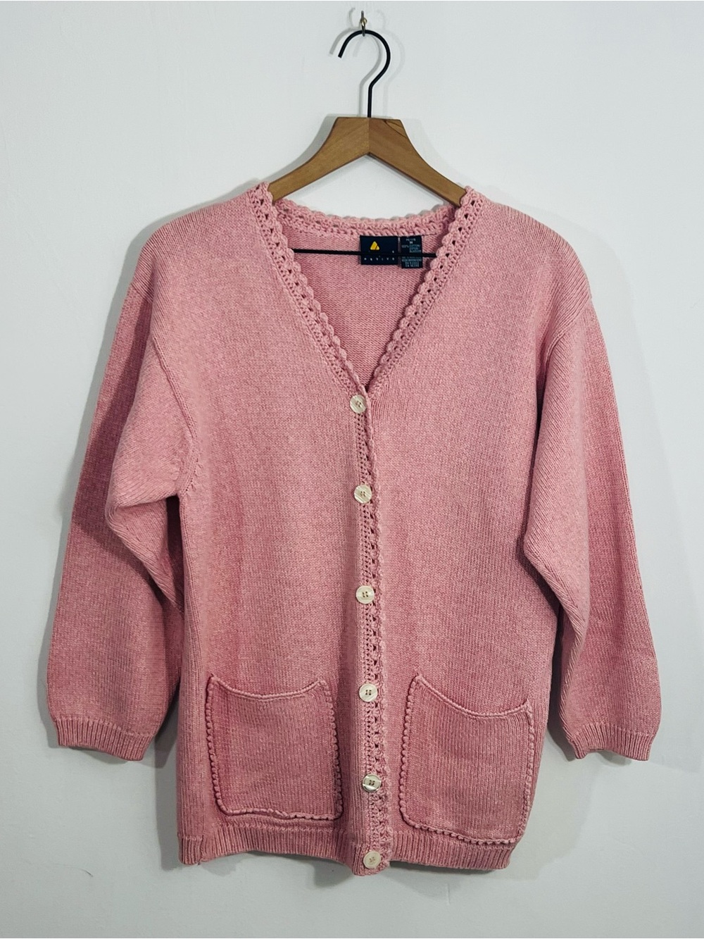 Lizsport Petite Pink Cotton Cardigan Button Front Pockets Vtg 90s Cottagecore MP